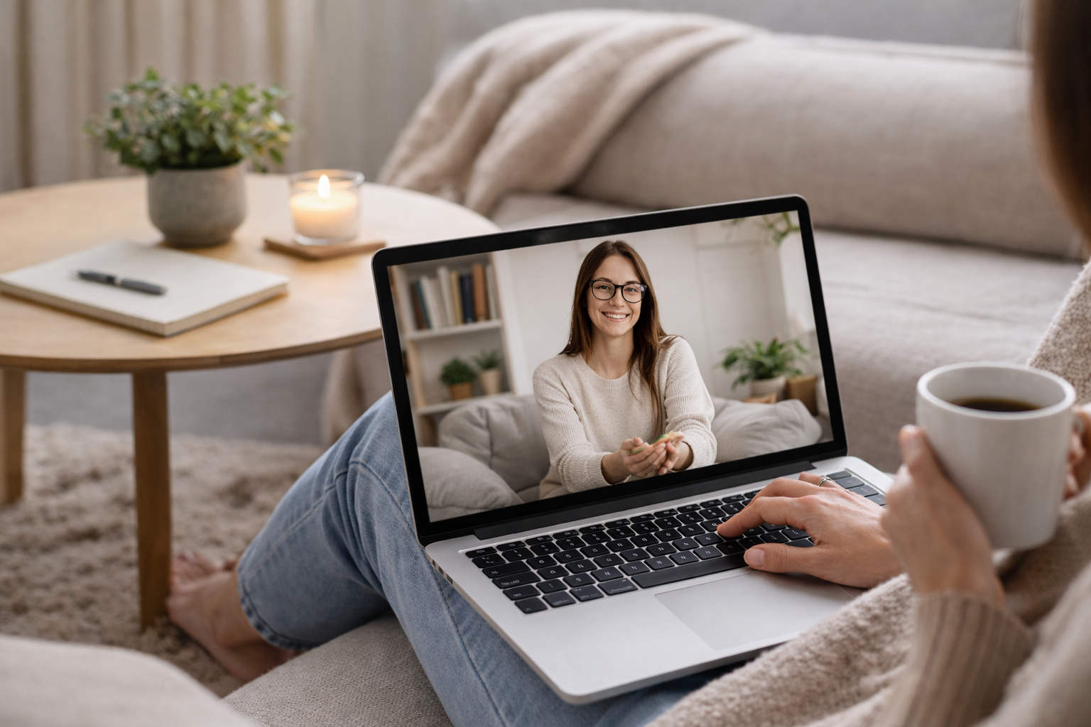 Online therapy session with psychologist via video call, offering mental health support and counseling
