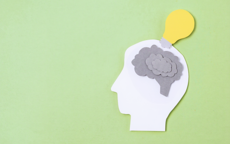 Human head silhouette with brain and light bulb, symbolizing psychology, therapy, self-awareness and mental health support